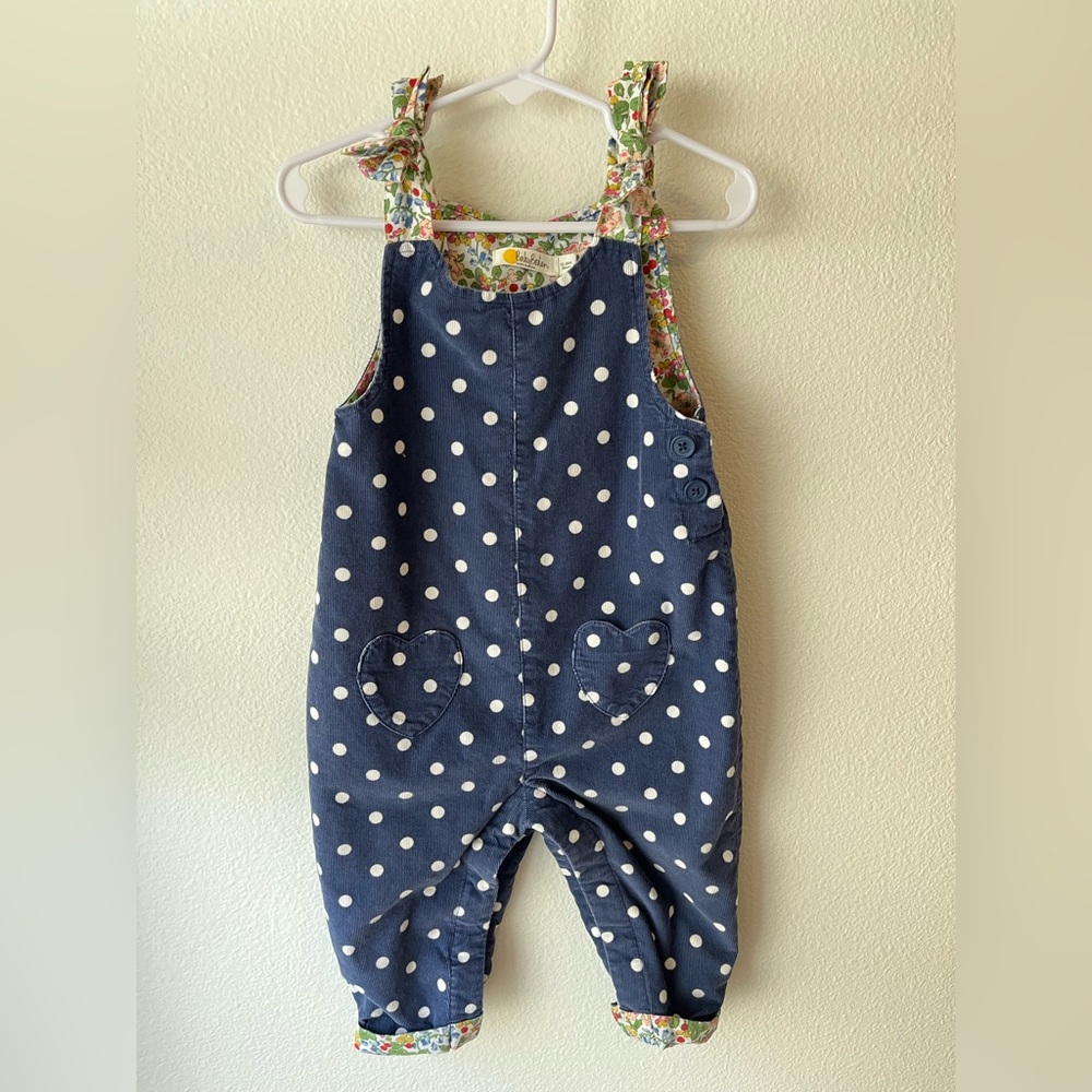 Baby Boden Navy Polka Dot Overalls with Floral Tie Straps size 12-18 Months.